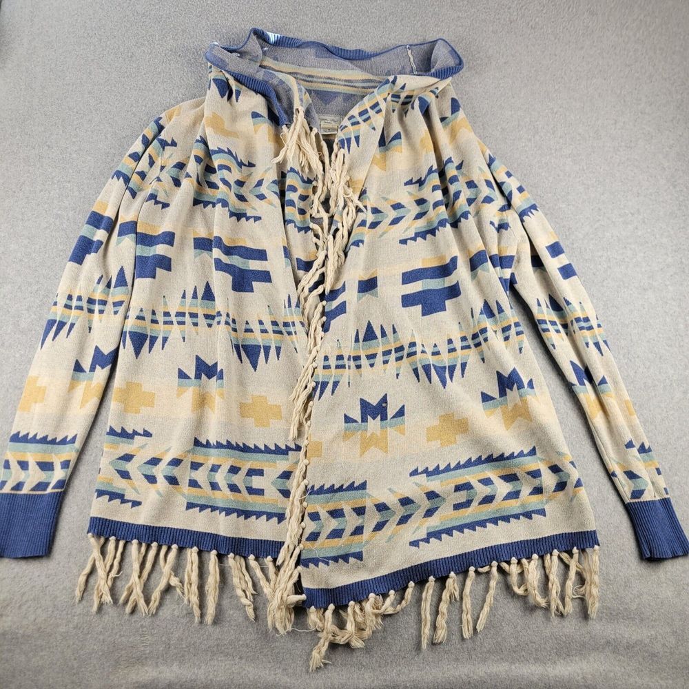 Tasha Polizzi Sweater Cardigan Womens Multicolor Aztec Print Long Sleeve Fringed